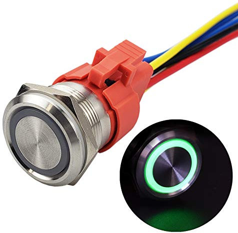 APIELE Neues 22MM Momentan Druckschalter 12VDC 10A, mit LED wasserdicht Momentary Drucktastenschalter mit vorverdrahtetem Stecker, Auto RV LKW Boot EIN/AUS Taste Schalter(Grün)