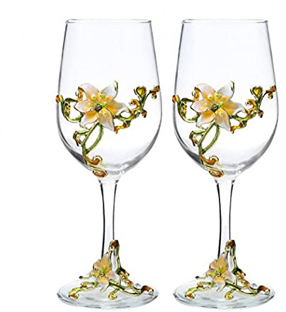 XUDREZ Handmade Painted Enamel Flower Gin Balloon Glass Wine Glass Set, Red Wine Set of 2, Birthday Gifts for Women Mum Friends Mothers Day, Lead-Free (Yellow Lily(Set of 2))