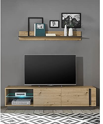 Lomadox Großes TV-Lowboard mit Beleuchtung und Wandboard in Eiche Artisan Nb. mit Absetzungen in Graphit grau, B/H/T: ca. 188/165/40 cm