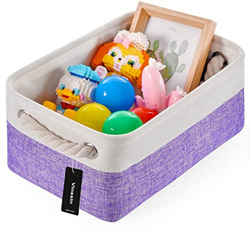 Vinssin Kleiner lila Korb aus Segeltuch, faltbarer Aufbewahrungskorb aus Stoff, Aufbewahrungskörbe mit Griffen für Schränke, Kleiderschrank, Regale, Badezimmer, Handtuch (lila/weiß, 1 Packung (klein)
