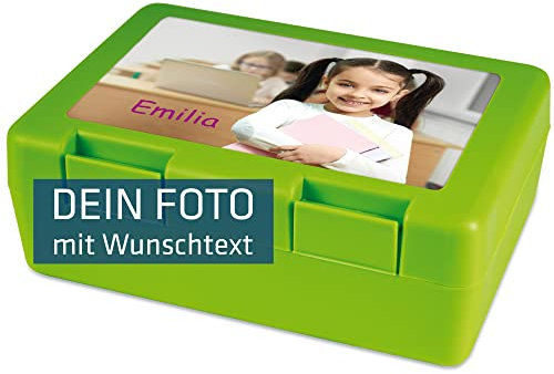 INDIGOS UG - Brotzeitbox grün - 185 x 128mm - Schilder selbst gestalten Foto Bild & Text bedruckt - personalisiert - Brotbüchse für Schule, Kita, Picknick, Kindergarten - Brotdose für die Kinder