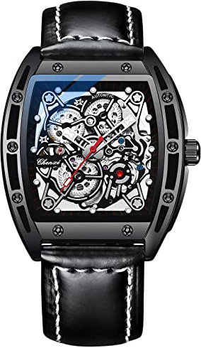 RORIOS Orologio da Uomo Automatico Meccanico Orologio con Cinturino in Pelle Luminoso Orologio Tonneau Scheletro Orologio da polso