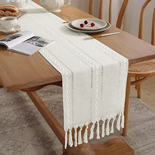 Tischläufer Boho Baumwollflachs Tischläufer mit handgefertigten Quasten, Geruchsneutral Vintag Table Runner für Hochzeit Zuhause Bauernhaus Modern Tabletop Dekor (Durchbrochener Beige, 33 x 183 cm)