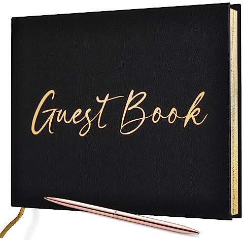 JUBTIC Black Guest Book for Graduation Party Guest Sign in Book with Pen for Reception, Wedding, Baby Shower, Birthday, Shower, Funeral, 100 Pages with Gilded Edges and Gold Foiled Cover -7×10″