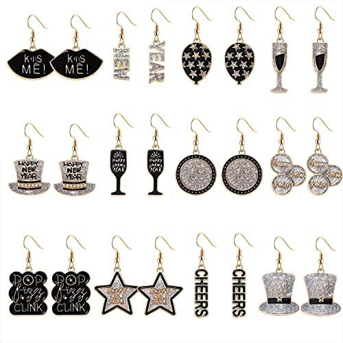 9/12Pairs Happy New Year Earrings Sets Holiday Earrings Glitter Star Champagne Bottle Top Hat Dangling Earrings for Women New Years Eve Festive Party Jewelry Gifts, Metal, not know