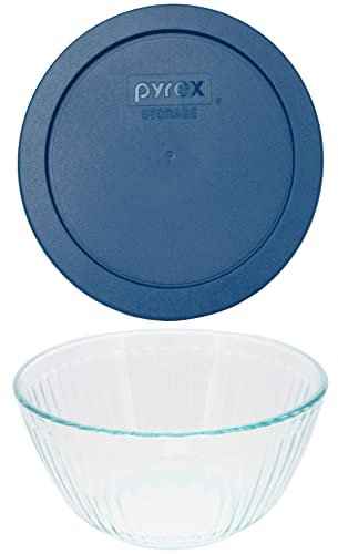 Pyrex (1 7402 6-Cup Sculpted Glass Mixing Bowl & (1) 7402-PC 6-Cup Blue Spruce Lid