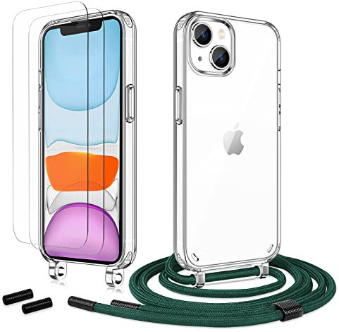 Anshow Handykette für iPhone 13 Mini Hülle mit Band + 2 Schutzfolie, Robust Necklace Extrem Stoßfest Handyhülle iPhone 13 Mini Case Transparent Schutzhülle zum Umhängeband Abnehmbar, Alpingrün