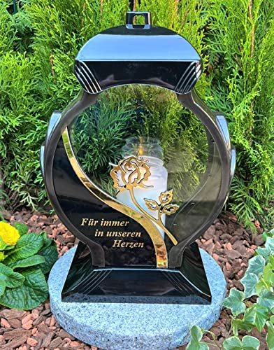 Grablampe Laterne mit Spruch Gold - Für Immer in unseren Herzen -, 34 cm H. - Grablampe Kerze Grabkerze Grabdekoration inkl. Kerze