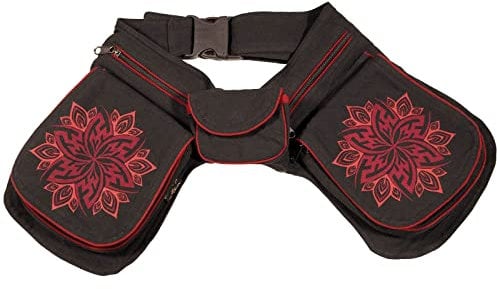 Kunst und Magie Damen Doppelte Bauchtasche Hüfttasche Mandala - Goa Gürteltasche Festivaltasche Hipbag Sidebag, Farbe:Schwarz/Rot