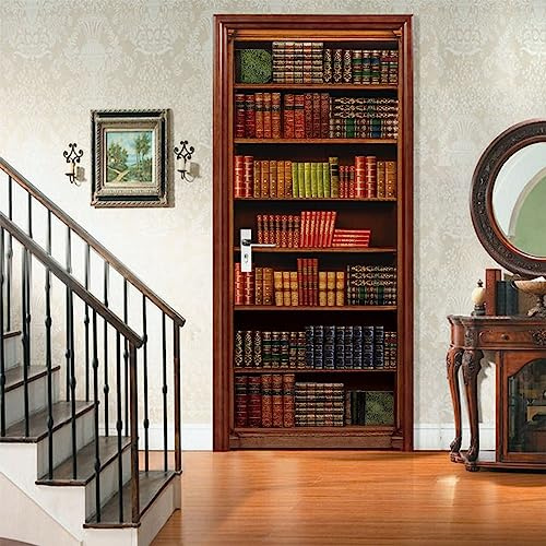A.Monamour Adesivo Porta Autoadesiva 3D Vecchi Libri Sullo Sfondo Della Libreria Scaffale In Legno Vinile PVC Adesivi per Porte Interne Pellicola Adesiva Poster Murale Parete Carta da Parati 77x200cm