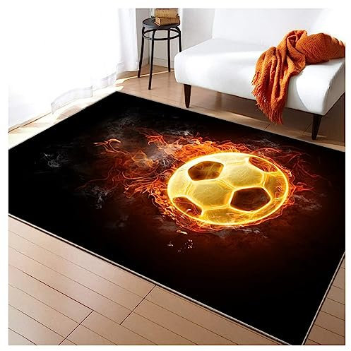 HAZARA Fußballplatz Spielteppich, Eisfeuer Fußball Bedruckt Großflächige Teppiche Sport rutschfest Spielteppich 3D Fußball Mit Flammen Bedruckten Teppichen Für Schlafzimmer(H,60x90cm/23x35in)