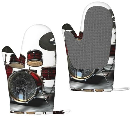 Cool Drum Set Bedruckte Ofenhandschuhe Hitzebeständige Ofenhandschuhe Rutschfeste Silikon Küchenhandschuhe zum Kochen Backen BBQ Handschuhe 1 Paar