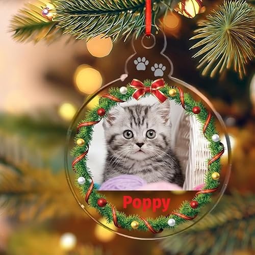 Personalised Pet Christmas Bauble Xmas Tree Decoration Custom Photo & Name Acrylic Ornament Gifts – Made In UK (Cat)