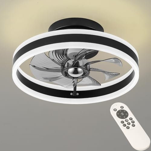 RIYNFO LED Ceiling Fans with Lights Remote,Reversible Bladeless Modern Ceiling Fan Lights Flush Mount 16 inch 6 Speeds 3 Color Dimmable Black Ceiling Fan Light for Bedroom