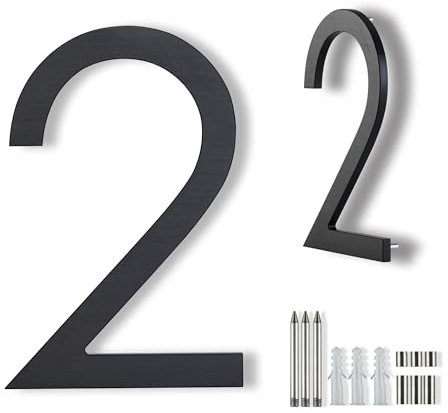 Große Hausnummern metall modern 20 cm, Metall-Hausnummern für Hausadresse außen mattschwarz schwebende Halterung und bündige Montage, Aluminium Adressnummern 2