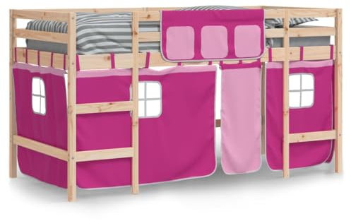 vidaXL Lit Mezzanine Enfants et Rideaux, Lit Surélevé pour Enfants avec Échelle, Meuble de Rangement Chambre, Moderne, Rose 90x190 cm Bois Pin Massif