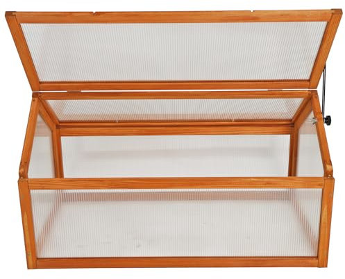 Wooden Cold Frame with Polycarbonate Glazed Panels, Hinged Roof, Adjustable Vent, 90cm x 52cm x 49.5cm