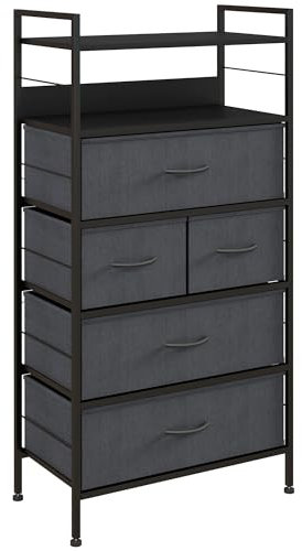 HOMCOM Commode Chiffonnier Meuble de Rangement avec 5 tiroirs en Tissu Amovibles et 2 étagères Structure Acier dim. 58L x 30l x 120H cm Noir