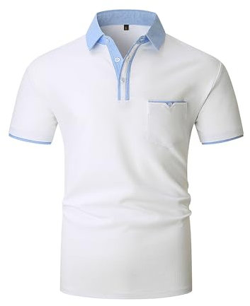 VMSUCIJ Poloshirt Herren Kurzarm Slim Fit 100% Baumwolle Lässige T-Shirts mit Kragen Golf Sports Polohemd mit Tasche,Weiß 41,XL