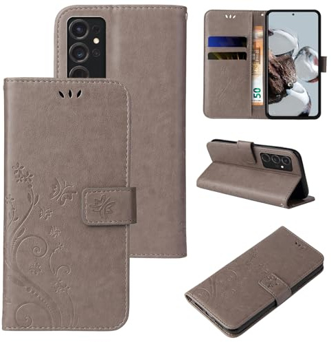 LBH Handy Hülle für Samsung Galaxy S24 Ultra Case Handytasche Schmetterling Blumen Flower Standfunktion Schutzhülle Magnet Rundum Schutz 360 Grad Flipcase Cover Grau