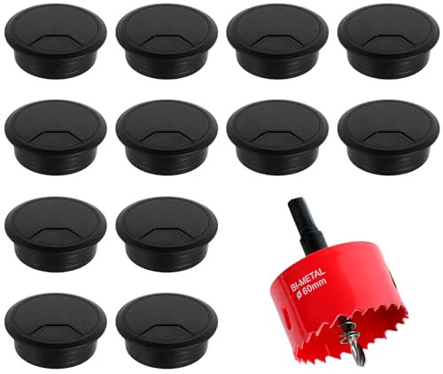 GEGNNS 12pcs Schreibtisch Kabeldurchführung, 60mm Kabeldurchlass Tisch mit Lochsäge Schraubenschlüssel, schreibtisch kabeldurchführung, kabeldurchführung schreibtisch für Tisch Arbeitsplatten, Schwarz
