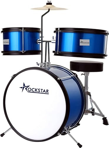 ROCKSTAR MUSIC - Batería Infantil de Madera para Jóvenes Músicos - Kit Completo de Percusión, Calidad Sonora Excepcional, Diseño Ergonómico - Incluye Asiento, Pedal de Bombo, Baquetas, Azul metalizado