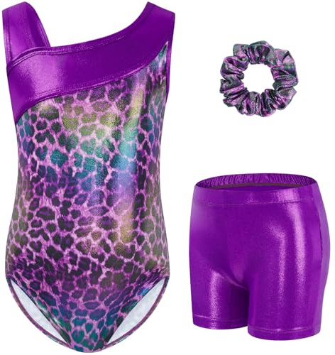Gogokids Mädchen Drei Teiliges Gymnastikset, Y-Hals Ärmelloser Leotard mit Shorts und Haarband, Ballett Tanzender Leotard Gymnastikoutfit mit Blauem & Purpurfarbenem Farbblockdesign, 3-12 Jahre