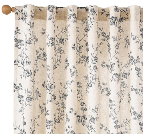 Lazzzy Leinen-Vorhänge mit Blumenmuster, 213 cm Länge, Bauernhaus-Vorhang, Schlaufen-Vorhänge für Wohnzimmer, Schlafzimmer, Lichtfilterung, Vintage-Stil, Stangentaschen, 2 Paneele, Schwarz auf Beige