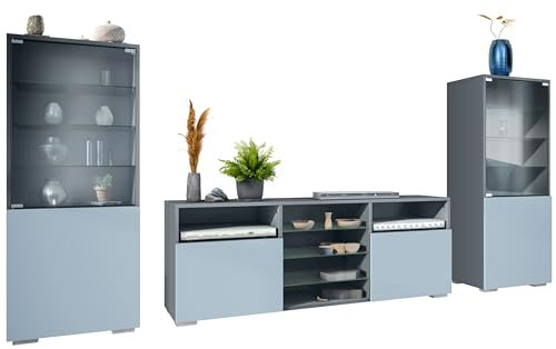 Vladon Wohnwand Granada, Anbauwand bestehend aus 2 Vitrinen und 1 TV-Board, Anthrazit matt/Denim matt (286 x 122,5 x 35 cm)