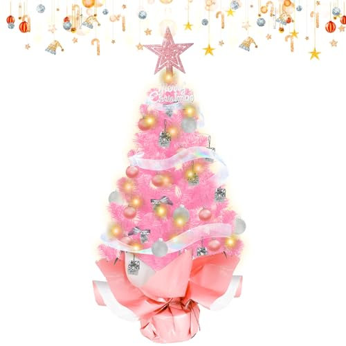 Árbol de Navidad Pequeño, Rosa Arbol Navidad con Iluminación LED 60 cm Mini Arbol de Navidad Árbol de Navidad Artificial, Arbol de Navidad Decorado para Decoración de Mesa para el Hogar