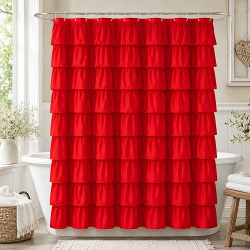WestWeir Rideau de Douche à Volants Rouges, Rideaux de Bain Mignons pour Fille, décoration de Salle de Bain sur Le thème de Noël, Luxueux bohème, texturé, Joli Style Ferme Vintage, Design élégant et
