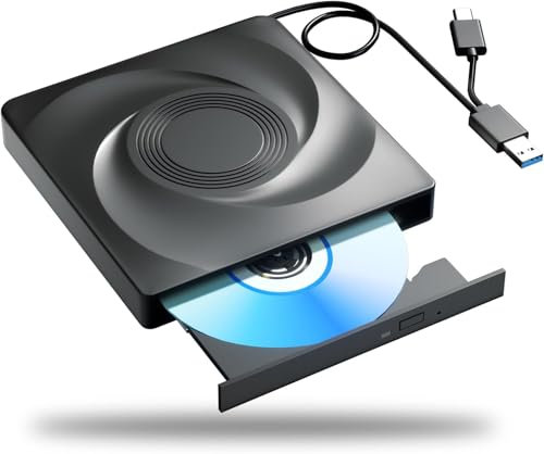 RUOVXWU External CD DVD Drive,USB 3.0 & Type-C CD Player for Laptop,Portable Slim CD/DVD +/-RW ROM Burner with Dual Input Port for Laptop/Desktops Win11/10/7/8 Linux Mac OS