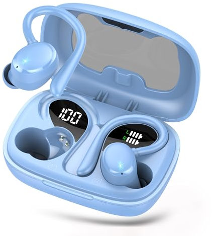 Bluetooth Kopfhörer Sport, Bluetooth 5.3 Kopfhörer Kabellos mit HD Mic,HiFi Stereo Tiefer Bass, 72 Std Spielzeit, Dual LED-Anzeige, IP7 Wasserdicht in Ear Ohrhörer mit Ohrhaken(Azurblau)