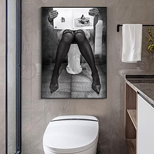 GLWDMB Zeitung lesend auf der Toilette, schwarz-weiße Frau, Leinwand-Poster, Wandkunst, Bilder für Badezimmer, Waschraum-Dekoration - Ungerahmt, 1 Stück