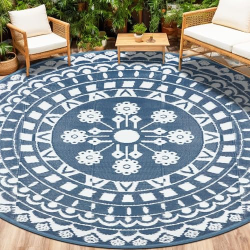 Capslpad Rund Außenterrasse Teppich ∅240cm Wende Picknickmatte Wasserdichter Kunststoff-Strohteppich Boho Innen Außenbereich Teppich für Wohnmobil Hinterhof Balkon Picknick Strand, Blau