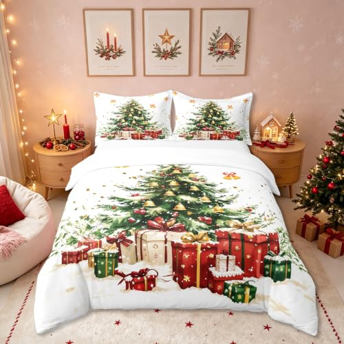 Loussiesd Weihnachten 100% Baumwolle Bettwäsche Set 135x200cm Weihnachtsbaum und Geschenke Bettbezug Set Weihnachtsglocke Betten Set Frohe Weihnachten Atmungsaktiv Bettwäsche-Set Auster Weiß