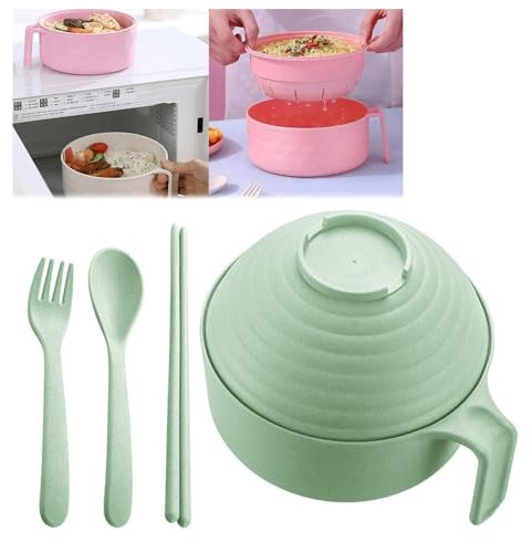 Fiauli Ramen Cooker Ramen Bowl Set,33 oz Microwave Noodle Cooker with Handle,Spoon Chopsticks Fork,Plastic Ramen Noodle Bowl,Microwavable Fast Ramen Pot College Dorm Room Apartment Essentials Green