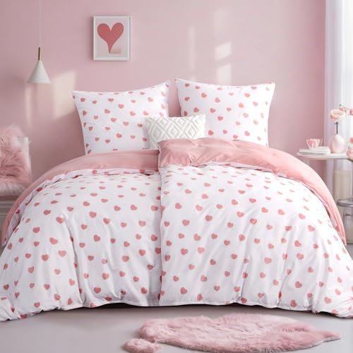 RUIKASI Bettwäsche 135x200 4teilig mit Herzen - Weiß Rosa Bettbezüge 135 x 200 2er Set 135x200cm Bettwäsche-Sets aus Mikrofaser mit Reißverschluss Weich und Bügelfrei