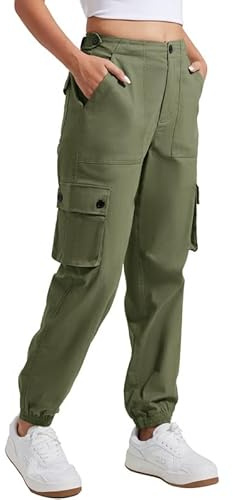 Pioneer Camp Cargohose Damen Lang Wanderhose für Frauen Strapazierfähig Cargo Hosen Verstellbarer Bund Outdoor Jogginghosen mit 6 Taschen Armeegrün L