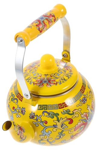 BESPORTBLE Thickened Enamel Boiling Water Kettle 2.6l Handheld Tea Pot with Strainer Yellow Lotus Hook Suitable for Home Kitchen Brewing Coffee and Herbal Tea