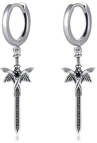 DAYLINLOVE Schwert Ohrringe für Männer S925 Sterling Silber Schwarz Onyx Hoop Ohrringe Schwertschmuck Goth Schmuck Geschenke für Frauen Männer