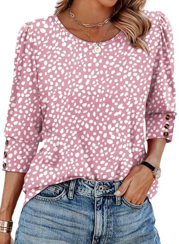 Aokosor Ladies Tops for Womens 3/4 Sleeve Tops Ladies Blouses Crew Neck Puff Sleeve Tunic Fashion T Shirt Button Sleeve Pink Dot Size 6-8