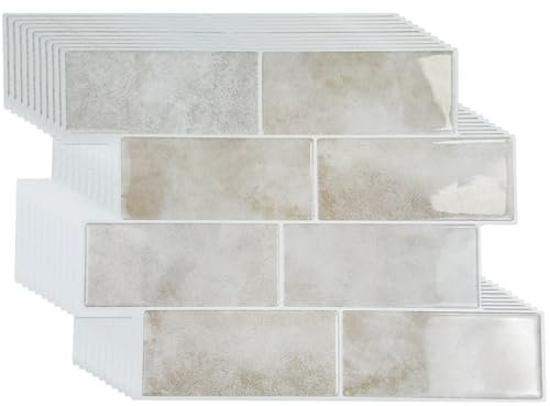 Tokenhigh 10 Sheets Self Adhesive Wall Tiles, Peel and Stick Tile Stickers, 3D Stick on Tiles Splashback for Kitchen Bathroom(29x21cm) (Cream)