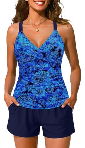 Yonique Women Underwire Tankini Swimsuit with Shorts - Two Piece Tummy Control Bathing Suit 2025 Swimwear with Pockets Blue Paisley M