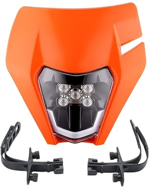 Masque de Phare Avant LED 12V 1500 lm Universel Carénage Orange V-Face pour Moto Cross Enduro Tout-terrain Tete de Fourche Phare Intégré LED 12V Feux de Route + Feux de Croisement + Feu Diurne DRL