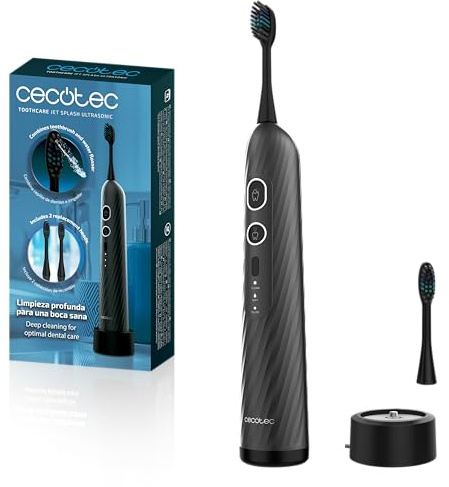 Cecotec 2-in-1 elektrische Zahnbürste mit Munddusche ToothCare Jet Splash UltraSonic. 60 ml Tank, 120+ PSI, 0,6 mm Strahl, 3 Modi, Timer, Induktion, IPX7, 2 Aufsätze, kompakt