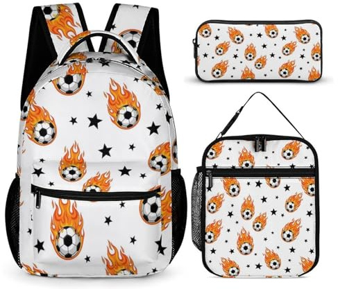 peiyeety Fire Soccer Cooles Fußball-Büchertaschen-Set, Rucksack mit Lunchbox und Kosmetiktasche, Rucksack mit Lunchbox und Make-up-Tasche
