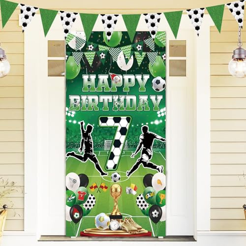 XIEXIESHER Fussball Deko 7 Geburtstag Kinder Banner, Happy Birthday Fußball Geburtstagsdeko, Grün Großes Fotografie Hintergrund für Jungen Kindergeburtstag Indoor Outdoor Sport Party (185 × 90cm)