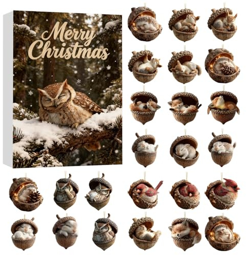 Forests Animal Acorn Adventskalender 2025 | Waldtiere Tannenzapfen Anhänger Weihnachtskalender 2025 | 2D Tierischer Ornamente Weihnachten Countdown Kalender | Waldbewohner Weihnachtsbaumschmuck Deko