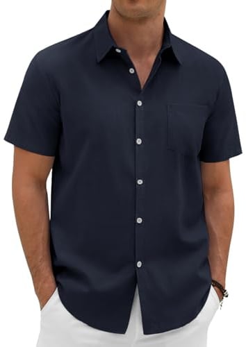 Lonya Men's Linen Cotton Shirts Summer Short Sleeve Regular Fit Shirt Casual Smart Button Down Tops Work Holiday Beach Shirt with Pocket, Navy Blue, XXL